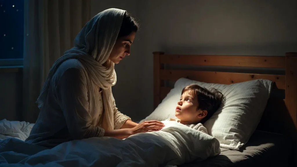مادر کنار فرزند بیخواب شده